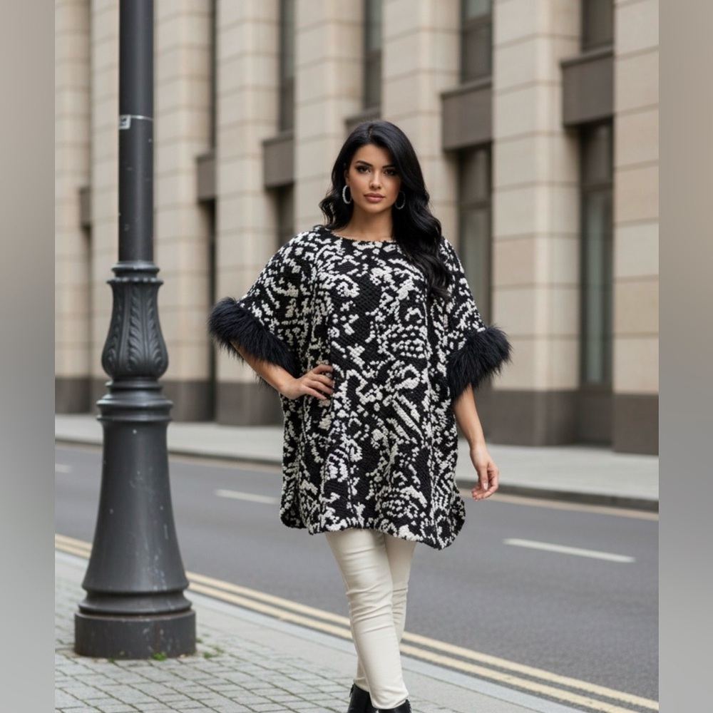 Michel Studio Black and White Knit Poncho Cover Up